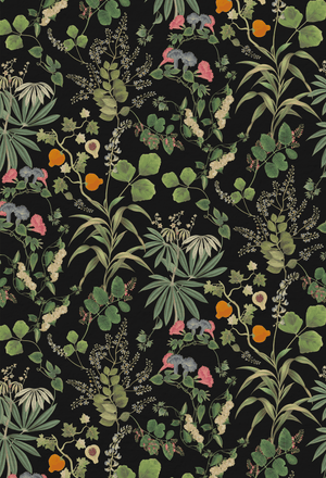 Little Eden wallpaper by Deus ex Gardenia in black, full repeat of lush leaves and fruit