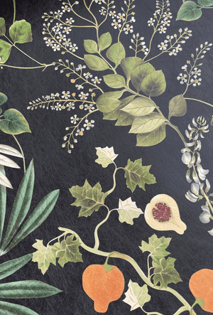 Little Eden wallpaper by Deus ex Gardenia in black, flat sample of lush leaves and fruit