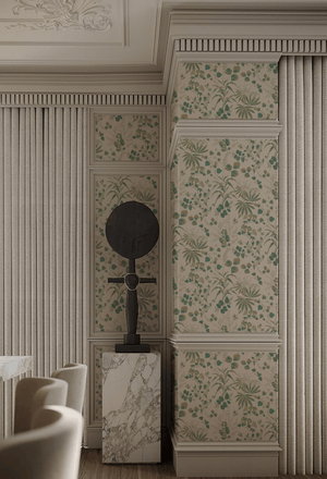 Little Eden wallpaper by Deus ex Gardenia in cream and green, lush leaves and fruit in a hallway