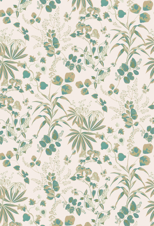 Little Eden wallpaper by Deus ex Gardenia in cream and green, pattern sample of lush leaves and fruit