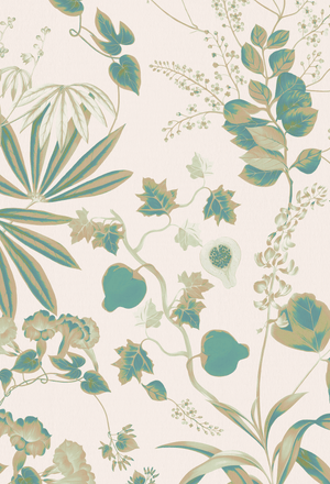 Little Eden wallpaper by Deus ex Gardenia in cream and green, flat sample of lush leaves and fruit