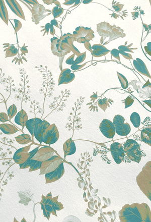 Little Eden wallpaper by Deus ex Gardenia in cream and green, full repeat of lush leaves and fruit