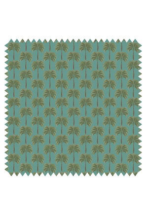 Little Palma linen by Deus ex Gardenia in sage green, full repeat of rows of palm trees