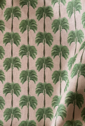 Little Palma linen by Deus ex Gardenia in pink and green, full repeat of rows of palm trees