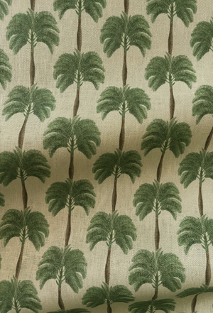 Little Palma linen by Deus ex Gardenia in beige and green, flat sample of rows of palm trees