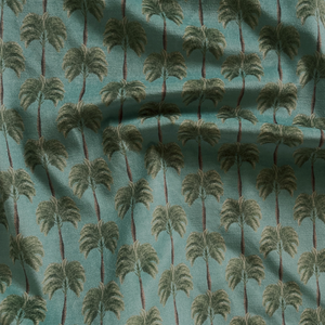 Little Palma velvet by Deus ex Gardenia in sage green, draped, showing rows of palm trees