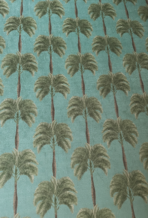 Little Palma velvet by Deus ex Gardenia in sage green, flat sample of rows of palm trees
