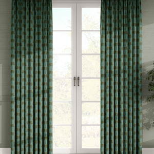 Little Palma linen by Deus ex Gardenia in sage green, rows of palm trees made into curtains