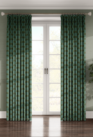 Little Palma linen by Deus ex Gardenia in sage green, rows of palm trees made into curtains