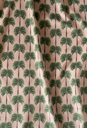 Little Palma velvet by Deus ex Gardenia in pink and green, flat sample of rows of palm trees