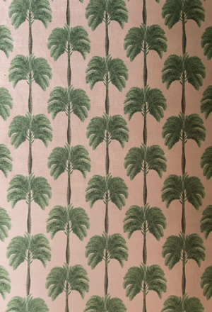 Little Palma velvet by Deus ex Gardenia in pink and green, full repeat of rows of palm trees
