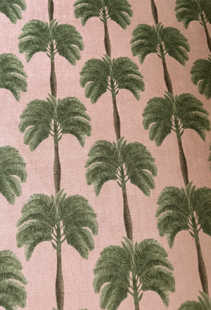 Little Palma velvet by Deus ex Gardenia in pink and green, pattern sample of rows of palm trees