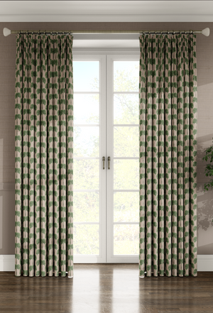 Little Palma linen by Deus ex Gardenia in beige and green, rows of palm trees as lined curtains