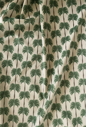 Little Palma velvet by Deus ex Gardenia in beige and green, draped close-up of rows of palm trees