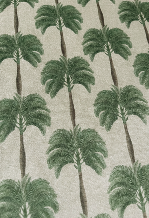 Little Palma velvet by Deus ex Gardenia in beige and green, full repeat of rows of palm trees