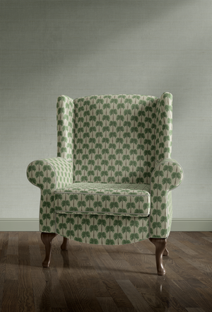 Little Palma velvet by Deus ex Gardenia in beige and green, rows of palm trees on an upholstered chair