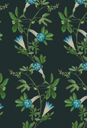 Midsummer wallpaper by Deus ex Gardenia in charcoal and green, pattern sample of trailing bellflowers