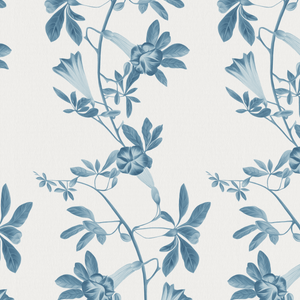 Midsummer wallpaper by Deus ex Gardenia in blue and white, full repeat of trailing bellflowers