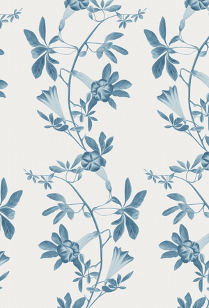 Midsummer wallpaper by Deus ex Gardenia in blue and white, full repeat of trailing bellflowers
