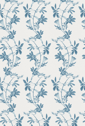 Midsummer wallpaper by Deus ex Gardenia in blue and white, flat sample of trailing bellflowers