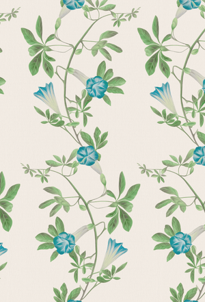 Midsummer wallpaper by Deus ex Gardenia in cream and blue, pattern sample of trailing bellflowers