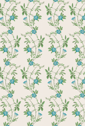 Midsummer wallpaper by Deus ex Gardenia in cream and blue, full repeat of trailing bellflowers