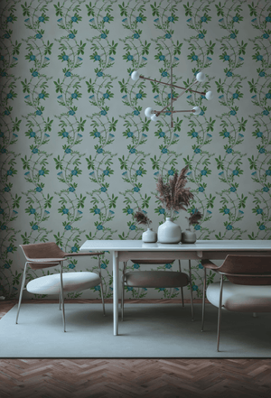 Midsummer wallpaper by Deus ex Gardenia in cream and blue, trailing bellflowers in a dining area