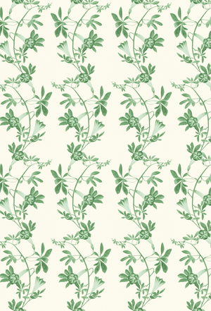 Midsummer wallpaper by Deus ex Gardenia in cream and green, full repeat of trailing bellflowers