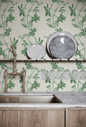 Midsummer wallpaper by Deus ex Gardenia in charcoal and green, trailing bellflowers behind a console table