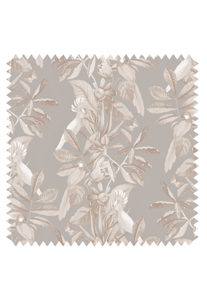 Passiflora linen by Deus ex Gardenia in grey, full repeat of parrots and passion flowers