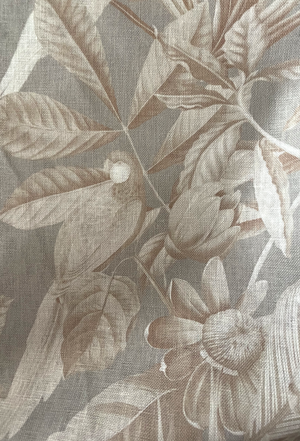 Passiflora linen by Deus ex Gardenia in grey, draped close-up of parrots and passion flowers
