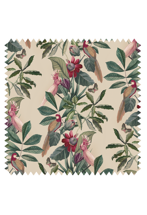 Passiflora linen by Deus ex Gardenia in cream, flat sample of parrots and passion flowers