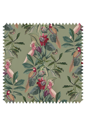 Passiflora linen by Deus ex Gardenia in sage green, full repeat of parrots and passion flowers
