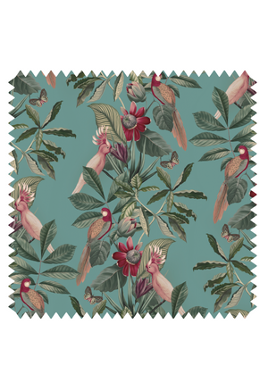 Passiflora linen by Deus ex Gardenia in teal, pattern sample of parrots and passion flowers