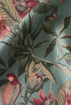 Passiflora linen by Deus ex Gardenia in teal, draped close-up of parrots and passion flowers