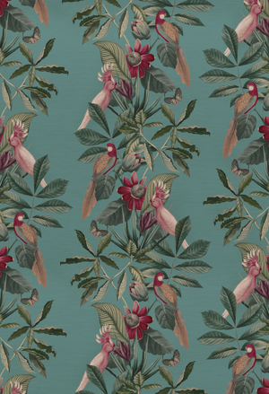 Passiflora wallpaper by Deus ex Gardenia in teal, flat sample of parrots and passion flowers