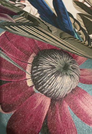 Passiflora wallpaper by Deus ex Gardenia in teal, close-up of parrots and passion flowers