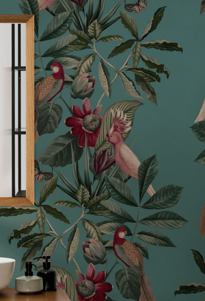 Passiflora wallpaper by Deus ex Gardenia in teal, pattern sample of parrots and passion flowers