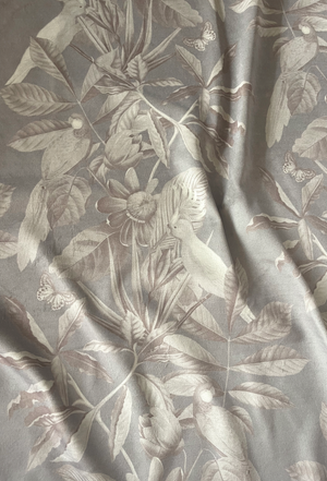 Passiflora velvet by Deus ex Gardenia in grey, in soft folds showing parrots and passion flowers