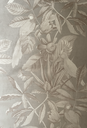 Passiflora velvet by Deus ex Gardenia in grey, draped close-up of parrots and passion flowers