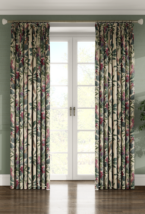 Passiflora linen by Deus ex Gardenia in cream, parrots and passion flowers as lined curtains
