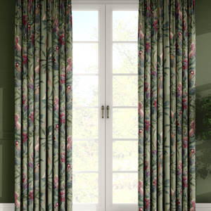 Passiflora linen by Deus ex Gardenia in sage green, parrots and passion flowers made into curtains