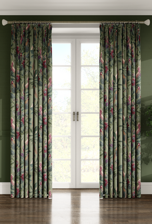 Passiflora linen by Deus ex Gardenia in sage green, parrots and passion flowers made into curtains