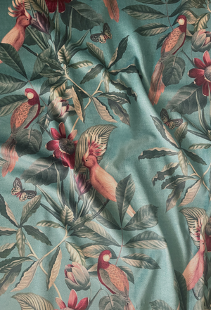 Passiflora velvet by Deus ex Gardenia in teal, in soft folds showing parrots and passion flowers
