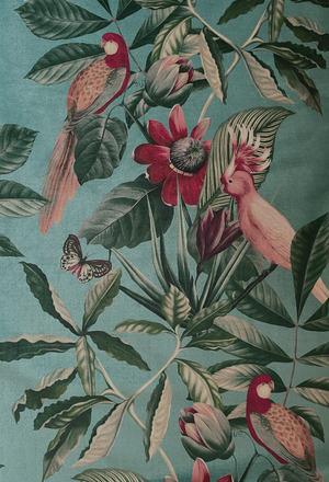 Passiflora velvet by Deus ex Gardenia in teal, draped close-up of parrots and passion flowers