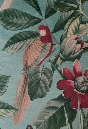 Passiflora velvet by Deus ex Gardenia in teal, draped, showing parrots and passion flowers