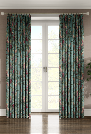 Passiflora linen by Deus ex Gardenia in teal, parrots and passion flowers hung as curtains