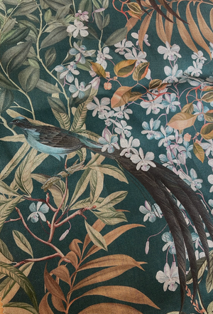 Resplendent Woods linen by Deus ex Gardenia in dark green, draped close-up of peacocks and pheasants in trees