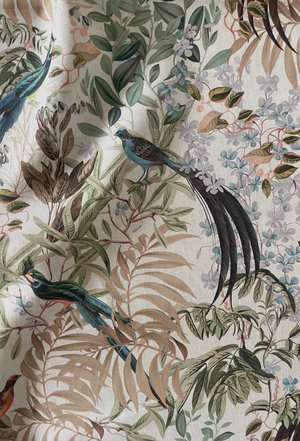 Resplendent Woods linen by Deus ex Gardenia in cream, draped, showing peacocks and pheasants in trees