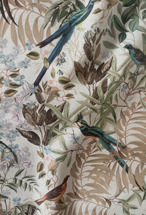 Resplendent Woods linen by Deus ex Gardenia in cream, draped close-up of peacocks and pheasants in trees